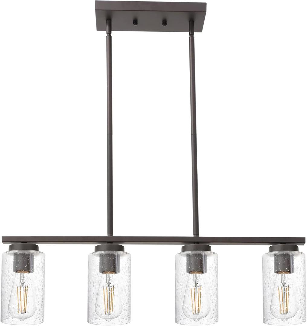 Farmhouse Dining Room Chandelier in Oil Rubbed Bronze, 4-Lights Vintage Island Light with Seeded Glass Shade for Kitchen Living Room