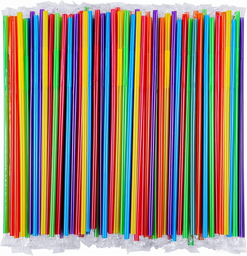 [Individually Wrapped] 100 Pcs Colorful Flexible Plastic Straw,Colorful Disposable Bendy Party Fancy Straws 13 Inch Extra Long Straws Party Decorations
