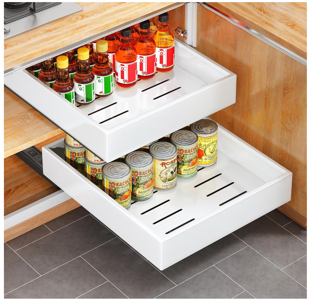 2Pack Pull out Cabinet Organizer, 21"Deep, Heavy Duty Full-extension Slide out Drawers for Kitchen Cabinet, Roll out Shelf Storage with Nano Adhesive for Pots, Bathroom, Pantry, Home, White