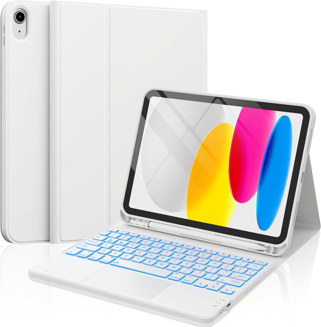 CHESONA for iPad 10th Generation Case with Keyboard, 2 Wireless Channels for iPad (A16) 11th/10th Gen (2025/2022), Backlight, Flip Stand Case with Pencil Holder, Multi-Touch Trackpad, White