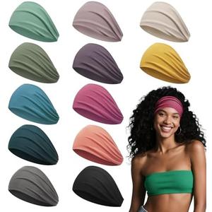 Z-CHARMMY Head Bands for Women's Hair, Wide Headbands for Women Non-slip, Fabric Nurse Headbands for Women, Elastic Workout Hair Bands, 12 Solid Colors