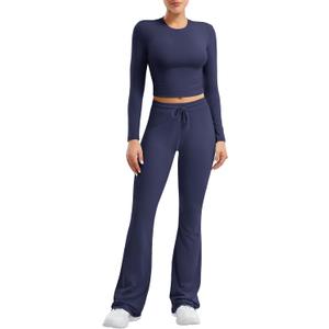YEOREO Two Piece Sets for Women Long Sleeve Tops Lounge Set Drawstring Wide Leg Pants Ava Matching (Blue, M)