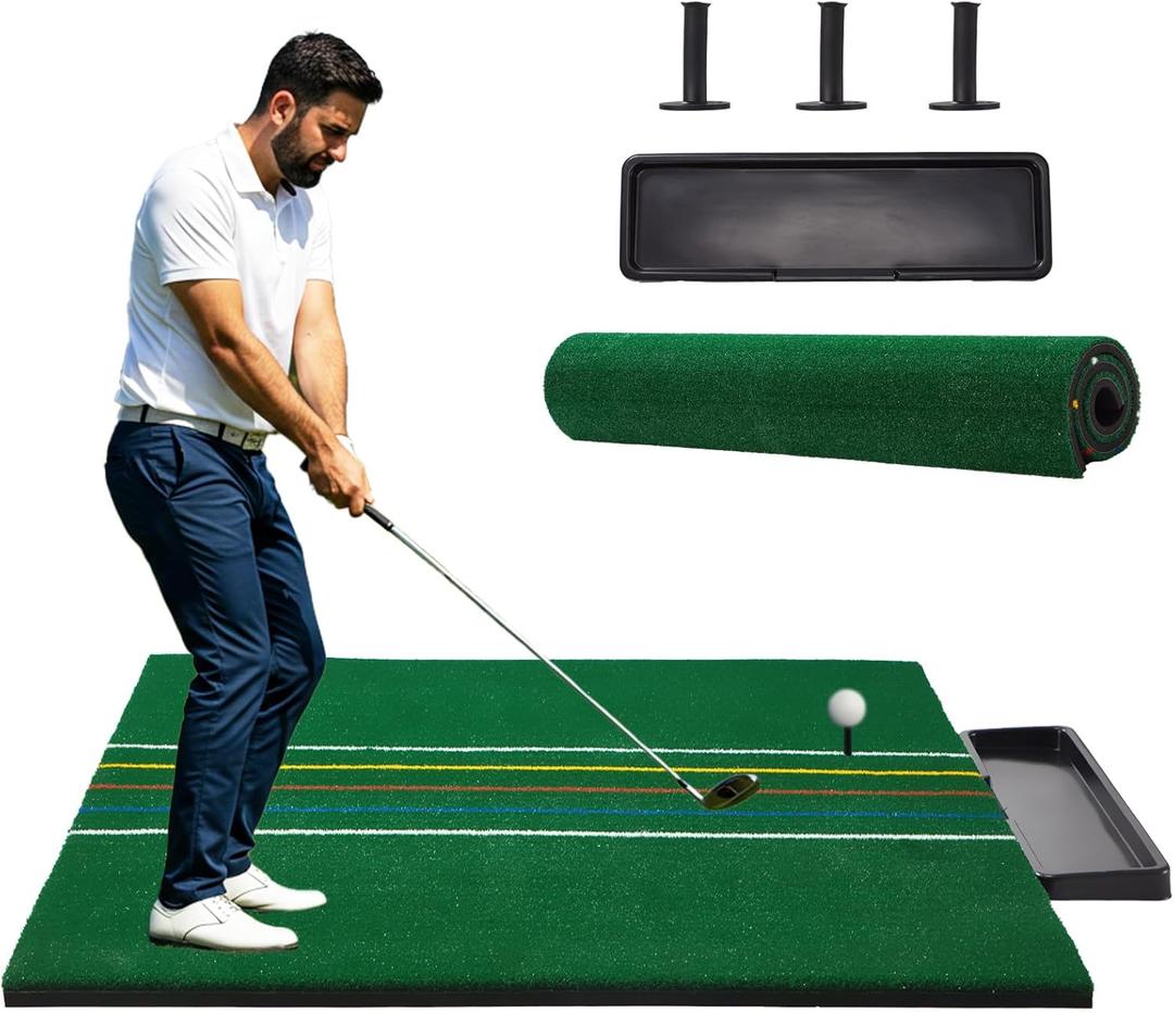 JFHID 5×4/ 5×5FT 𝙇𝙖𝙧𝙜𝙚 𝙏𝙝𝙞𝙘𝙠𝙚𝙣𝙚𝙙 Professional Golf Mats Practice Outdoor 𝙬𝙞𝙩𝙝 𝘼𝙪𝙭𝙞𝙡𝙞𝙖𝙧𝙮 𝙡𝙞𝙣𝙚, Golf Driving Turf Grass Matt Simulators for Home with 3 Tees and Tray