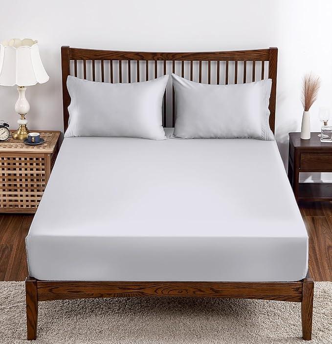 Bamboo Viscose Fitted Sheet Queen Size Only, 400 Thread Count, 8-16" Deep Pocket, Cooling Breathable Silky Smooth Soft Bottom Sheet for Hot Sleeper (Gray, Queen)