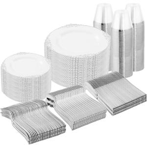 Nervure 600PCS Silver Plastic Dinnerware - White and Silver Disposable Plates for 100 Guests - 200 Disposable Plates, 300 Plastic Silverware and100 Cups for Wedding & Party