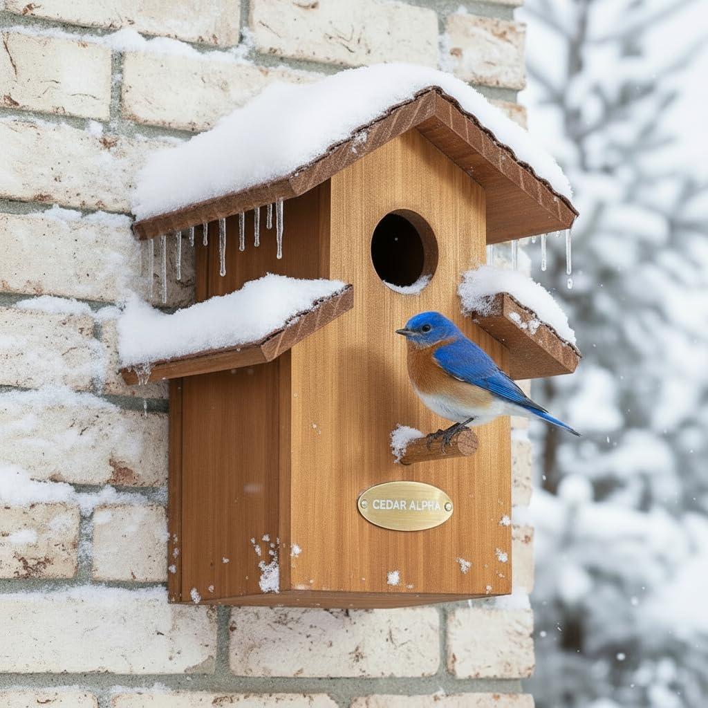 Water Proof Bluebird House for Outside, 2 Layers Metal Roof Water Proof, Outdoor Lifetime Durability Solid Cedar Wood Bird House for Pole, Secure Latch, Updated 1.5" Hole Size (Comfy Mansion)