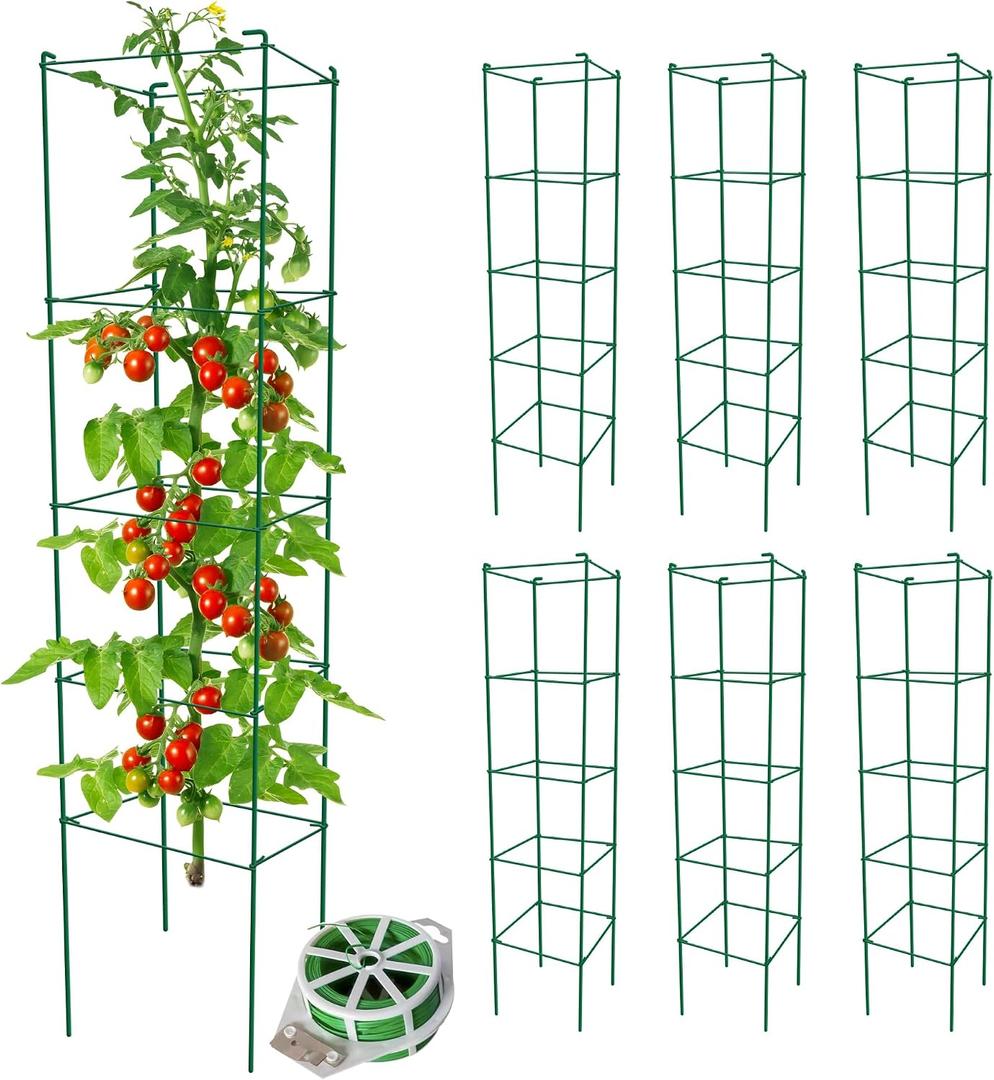 Thealyn Tomato Cages 6 Packs 57 Inches (H) Plant Stand with 164 Feet Twist Ties, Heavy Duty Garden Plants Support for Tomatoes, Cucumber, and Other Climbing Plants (Green), 57" H x 12" W