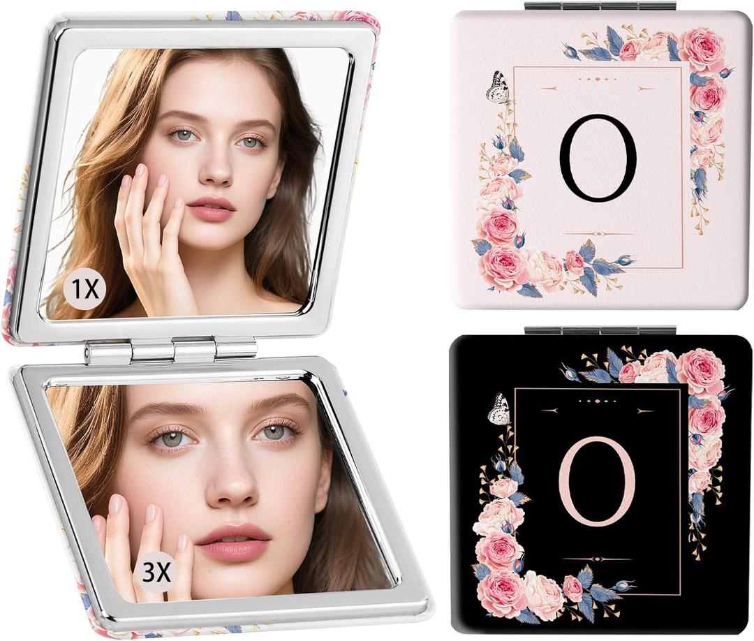 2-Pack Letter Compact Mirror, 1X/3X Magnifying and Portable Makeup Mirror, Travel Small Pocket Mirror for Women
