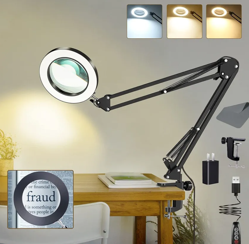 10X Magnifying Glass with Light and Clamp, Magnifier with Light Hands Free3 Color Modes Stepless Dimmable, 72 LEDs Real Glass Lens Magnifying Lamp for Close Work, Repair, Reading, Craft