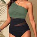 Aqua Eve Womens One Piece Swimsuits - Tummy Control One Shoulder Bathing Suit Cut Out Swimwear 2026, Olive Green, M