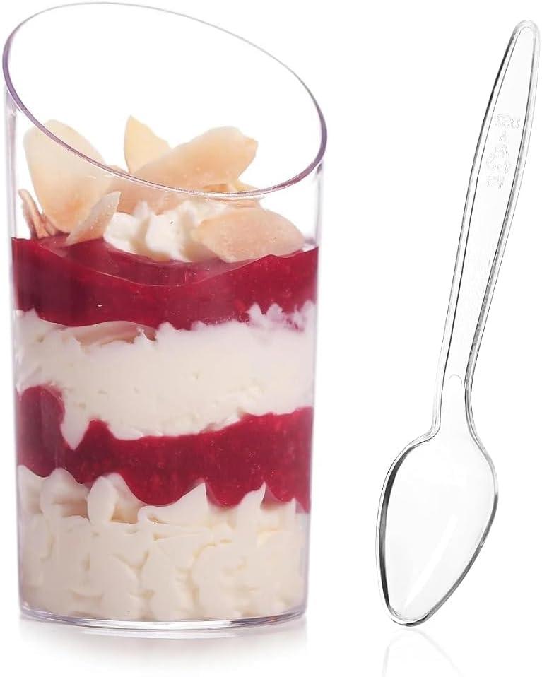 100 Pack Mini Dessert Cups with Spoons - 2.2 oz Clear Plastic Parfait Cups Reusable Shooter Glasses Small Serving Cups for Tasting Party Desserts Appetizer