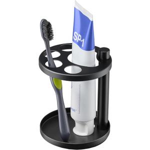 Metal Toothbrush Holder Stand for Bathroom: Stainless Steel Ventilated Organizer with Slots for Electric Toothbrushes, Toothpaste, Razors & Small Comb, Unique Footprint Base Design, Black (Black)