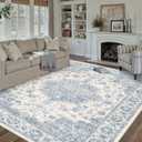 PureCozy Washable 8x10 Area Rug for Living Room Light Blue Vintage Large Rug Non-Slip Soft Low Pile Carpet Floral Stain Resistant Indoor Office Throw Rug for Bedroom Dining Room Nursery