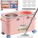 2026 Upgraded Gen 2 Spin Mop and Bucket Set with 4 Swivel Wheels for Easy Rolling, Separates Clean & Dirty Water, Floor Mop with 6 Washable Mop Heads for Wood, Tile, Vinyl, Baseboards - Pink