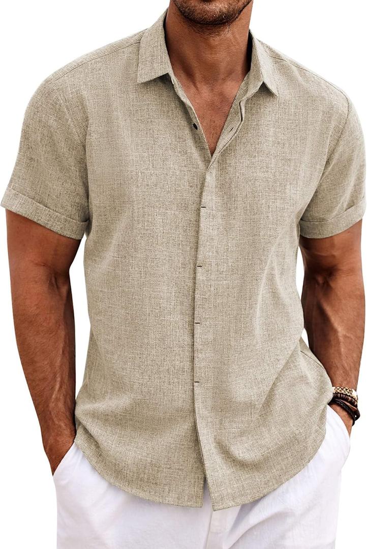 COOFANDY Men's Linen Shirts Short Sleeve Casual Shirts Button Down Shirt for Men Beach Summer Wedding Shirt (3XLarge, Khaki)