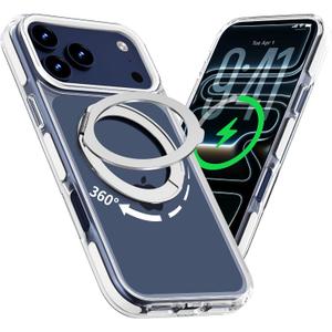 Magnetic for iPhone 17 Pro Max Case with 360 Spin Stand, Compatible with MagSafe, Military-Grade Protection, Detachable Strip, Anti-Yellowing Clear Phone Case for iPhone 17 Pro Max 6.9", White