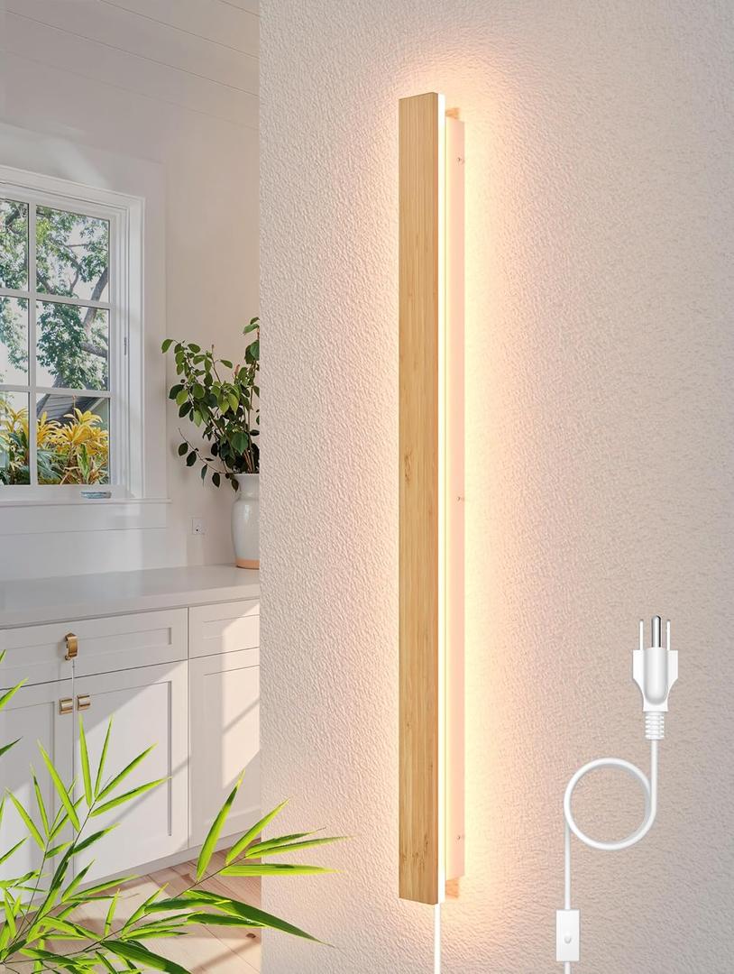Modern Plug in Long Wall Sconce 39.3 LED Bamboo Wall Lights 31W Long Strip Indoor Wall Lamp 3000K with 6.5FT Plug in Cord and On/Off Switch on The Cord for Living Room Hallway Stairwell (Wood)