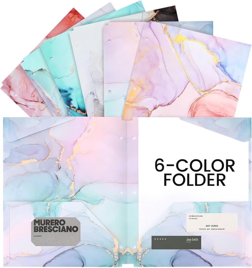 Ddaowanx 6pcs Folders with Pockets, 3 Hole Punched Heavy Duty Binders Folders for 3 Ring Binder,Cute Marble Colors Pocket Folders for Girls Back to School Supplies(6)