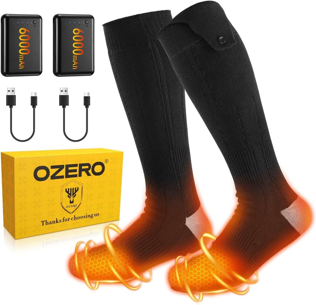 OZERO Heated Socks for Men Women: 6000mAh Rechargeable Electric Heating Socks with 360 Heating, 4 Heat Settings, Washable Foot Warmer for Hunting Hiking Ski Camping (Medium)