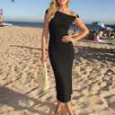 MEROKEETY Women's Wedding Guest One Shoulder Dresses 2026 Summer Formal Elegant Cocktail Party Midi Dress (Black, M)