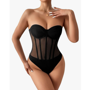 SweatyRocks Women's Sheer Mesh Strapless Tube Bodysuit Sleeveless Fitted Corset Leotard Top Clubwear Size L