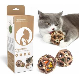 Potaroma Catnip Toys, 3Pcs Cat Toys Natural Silvervine Stick Cage Balls & Bell Ball for Indoor Cats, Kitten Cleaning Teeth Molar Matatabi Cat Chew Toy All Breeds