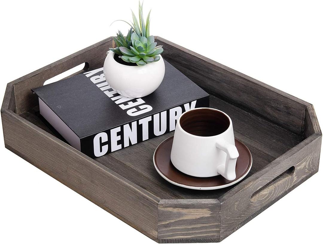 Grey Octagon Country Rustic Wood Nesting Breakfast Serving Trays,Coffee Serving Trays with Cutout Handles,16.5x12.25