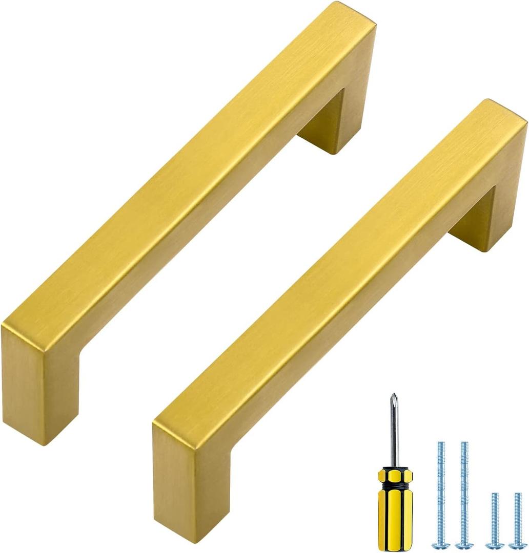 Ravinte 10 Pack Gold Cabinet Pulls 4 Inch Brusehed Brass Kitchen Cabinet Handles Gold Square Kitchen Hardware for Cabinet (4 In Hole Center)