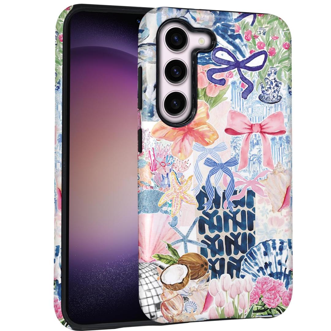 Mainrenka Summer Beach Case for Samsung Galaxy S23+ Plus, Aesthetic Cute Flower Bow Ocean Collage Phone Case Hybrid 2-Layer Hard Shell Shockproof Design Protective Cover Women Girls Mens