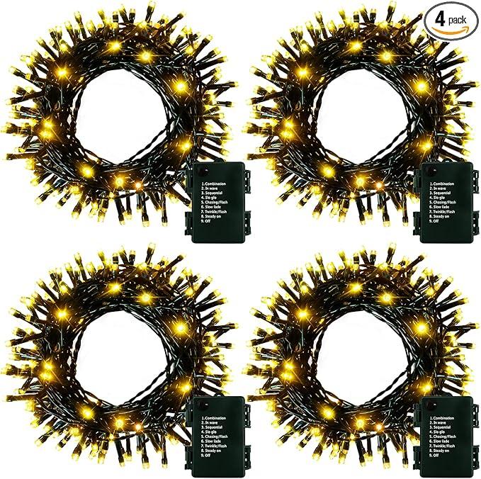 4 Pack- Battery Operated Outdoor Tree String Lights with 50 Warm White LEDs on 16.5ft/5m of Dark Green Cable,Outdoor Battery Xmas Wreath Lights with Timer for Christmas Yard Holiday Decoration