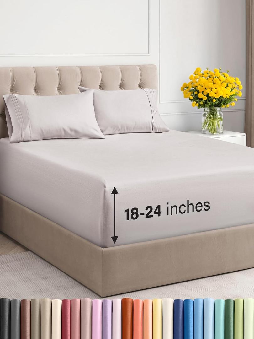 Extra Deep Twin Sheet Set - 4 Piece Breathable & Cooling Sheets - Hotel Luxury Bedding Set with 18-24 Inch Extra Deep Pockets - Easy Fit - Super Soft, Wrinkle Free and Comfy - Light Grey, Twin Size (04 - Light Grey)