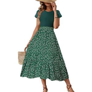 Dokotoo Women's 2026 Summer Dress Short Sleeve Crew Neck Casual Floral Print Long Flowy Dresses Maxi Dresses (Green, L)