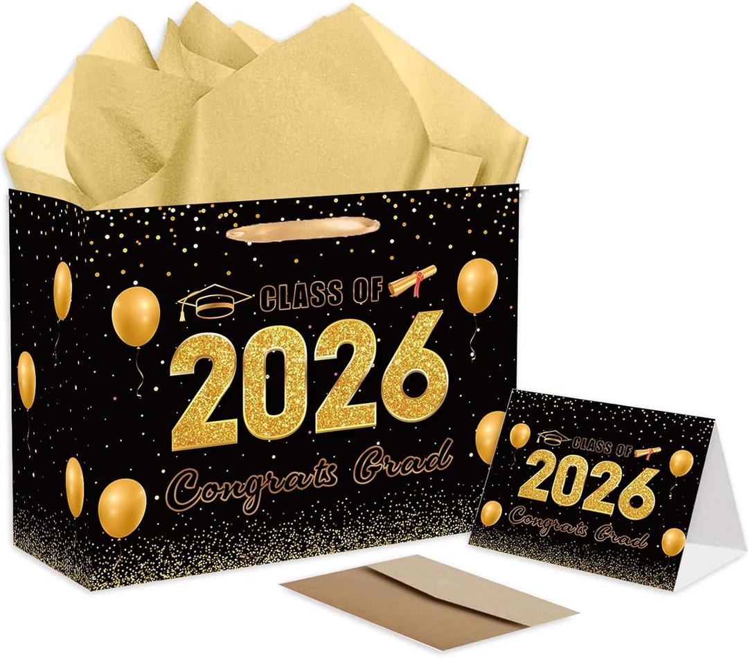 3 x HZRNNA Black and Gold 2026 Graduation Gift Bag, Large Congrats Grad Gift Bag with Card and Tissue Paper, Graduation Gift Wrap Bag for Class of 2026, Congrats Grad Party Decorations