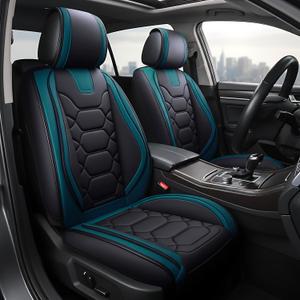 OASIS AUTO Car Seat Covers Full Set, Waterproof Faux Leather Seat Covers for Cars Universal Fit for SUV, Truck, Sedan, Black Premium Car Seat Protector with Front & Back Cushions, Black/Teal 