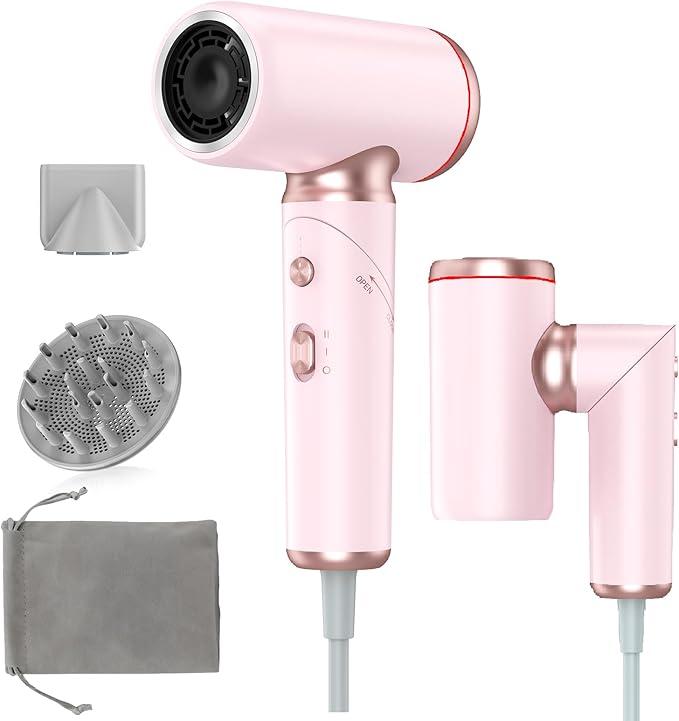Travel Hair Dryer Dual Voltage for Europe Foldable, High Speed Ionic Blow Dryer Fast Drying,100240V Portable Dryers with Magnetic Nozzles,1300W, Pink