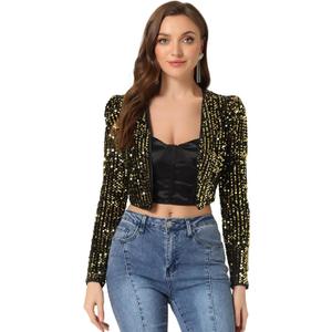 Allegra K Women's Sequin Shrug Open Front Collarless Glitter Sparkly Crop Blazer Jacket L