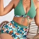 Herseas Women's Bikini Sets 2 Piece Tropical Print Swimsuit Halter Top & Boy Short Bathing Suit (Pink, XXL)