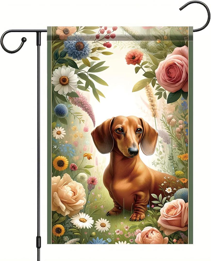 Spring Summer Dachshund Garden Flag Floral Flower Daisy Dog Seasonal Garden Flag 12x18 Inch Double Sided Decoration Yard Small Flag For Outside Holiday Seasonal Outdoor Banner