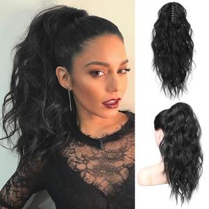 FLUFYMOOZ Ponytail Extension, 18 Inch Claw Clip Ponytail Extension, Wavy Curly Claw Clip in Ponytail Hair Extensions, Natural Fake Ponytail Synthetic Hairpiece for Women (Natural Black)