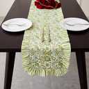 Green Floral Ruffle Table Runner 72 x 16 Inch Block Print Table Runner Boho Vintage Chinoiserie Tablecloth for for Festive Wedding Home Farmhouse Party Decor(Agate Green)