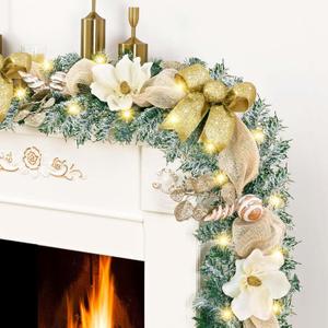 Christmas Garland Decorations, 5.9 FT Luxury Christmas Garland for Mantle, Christmas Flocked Garland with Gold Bows Ribbons Magnolia for Front Door Fireplace Table Home Decor (1 pack)
