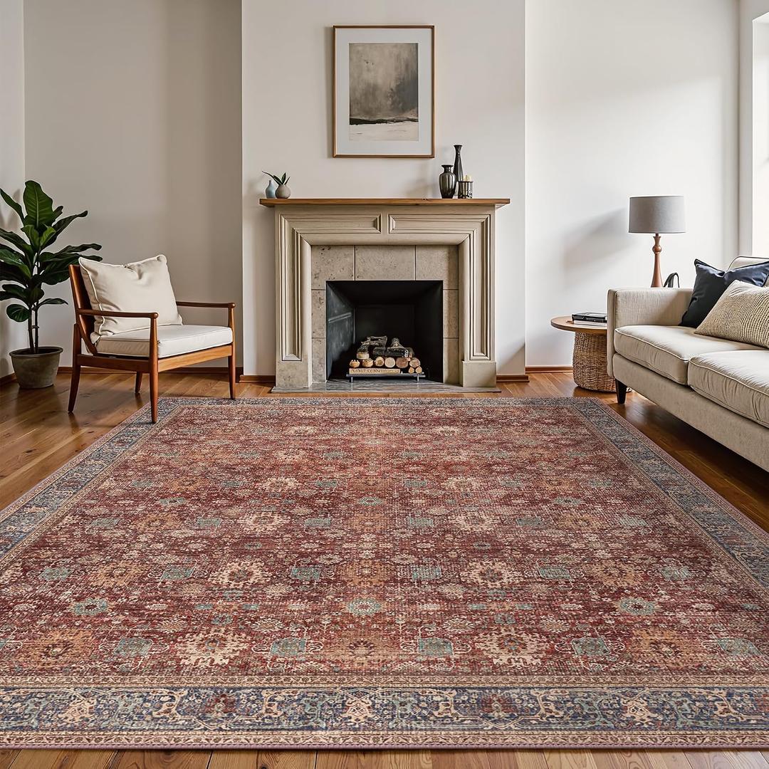 BESBLEE 8X10 Area Rugs Machine Washable Rugs for Living Room, Vintage Boho Large Rugs for Bedroom Dining Room, Non Slip Indoor Soft Distressed Lightweight Thin Low Pile Carpet, Red Brown