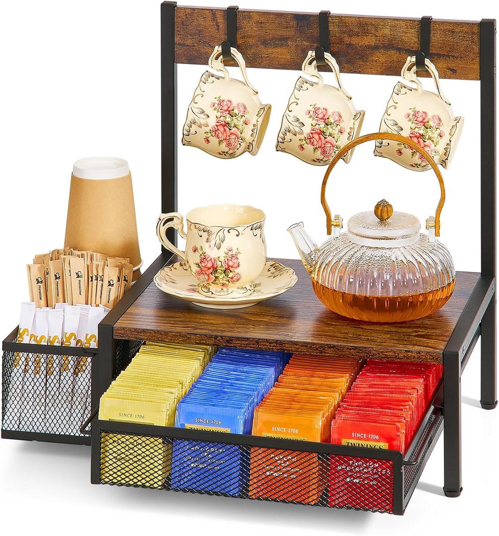 Tea Bag Organizer, Wood Tea Organizer and Storage Cheast, Tea Bag Holder with Storage Drawer, 4 Hooks for Tea Cups Holder, Tea Station Chest Display Container Box for Countertop Kitchen (Brown)