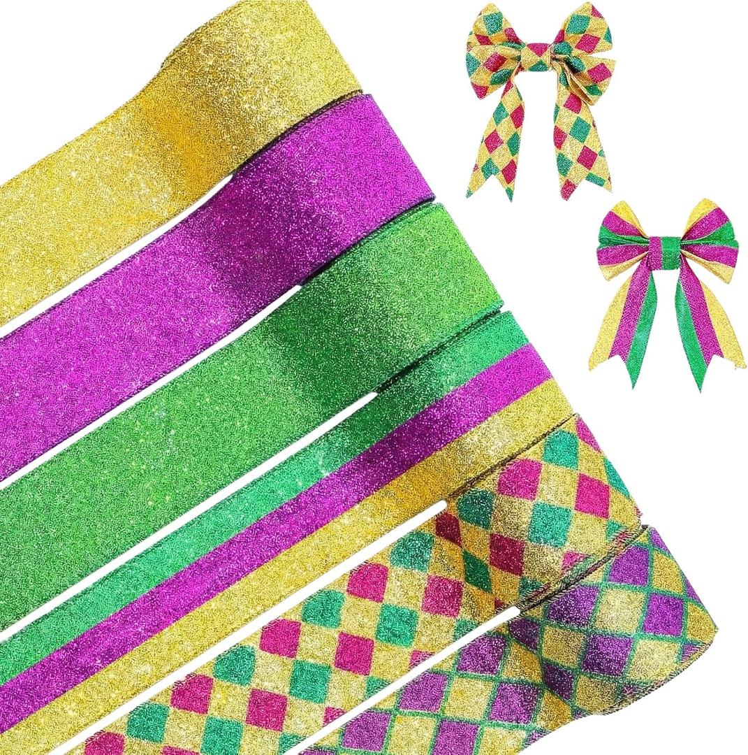 Mardi Gras Wired Ribbon, 6 Rolls 30 Yards Purple Gold Green Glitter Metallic Edge Stripe Ribbon for Mardi Gras Wreath Bows, Masquerade Party Decoration,2inch