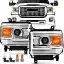 APSVE Chrome Amber Headlight Assembly w/Bulbs For 2014 2015 2016 2017 2018 GMC Sierra 1500, 15-19 GMC Sierra 2500HD 3500 HD Head Lights Headlamp Replacement L+R