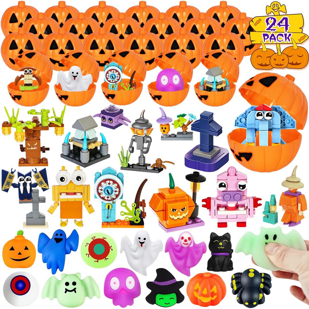 Adisher Halloween Party Favors,12Pcs Mochi Squishy 12Pcs Building Blocks and 24Pcs Pumpkin Boxes, Goodie Bag Fillers Classroom Prizes Trick or Treat Halloween