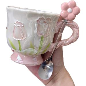 Large Ceramic Coffee Mug Pink Cute Flower,with and Spoon,Flower Mugs with Handle,Floral Girly Mugs,Breakfast Milk Oatmeal Cup,Girl Gift,14oz/410ml (Pink)