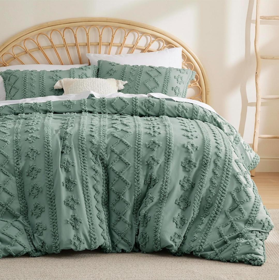 Bedsure Boho Duvet Cover Queen Size - Tufted Duvet Cover Queen Set for All Seasons, 3 Pieces Soft Shabby Chic Embroidery Boho Bedding, Comforter Not Included (Sage Green, 90" x 90")