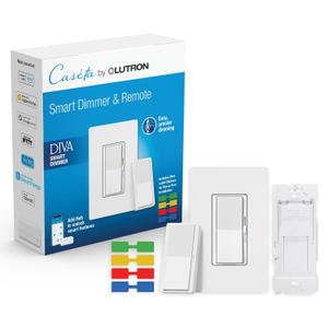 Lutron Diva Smart Dimmer Light Switch 3-Way Kit for Caseta Smart Lighting, w/Plate, Pico Remote, Wallmount Bracket, and Label Stickers, No Neutral Required, DVRF-PKG1D-WH