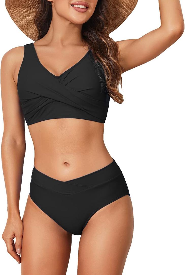 Limeeke Women's High Waisted Bikini Set Twist Front Two Piece Swimsuit Lace Up Tie Back Bathing Suits Small